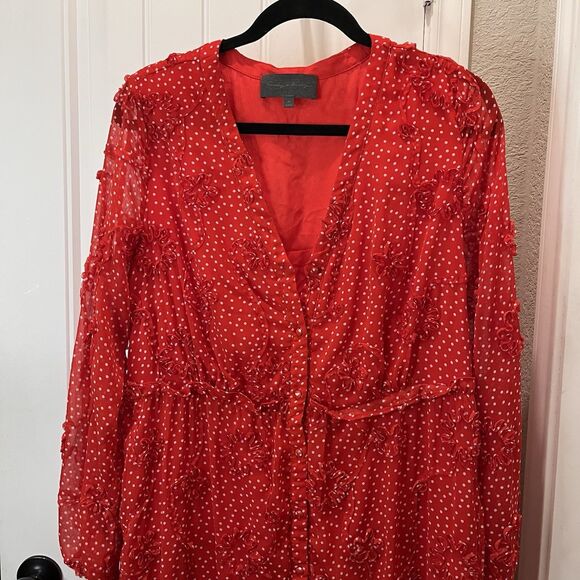 Sunday in Brooklyn Floral Polka Dot Maxi Dress Women Size M Textured Button Red - Picture 2 of 12